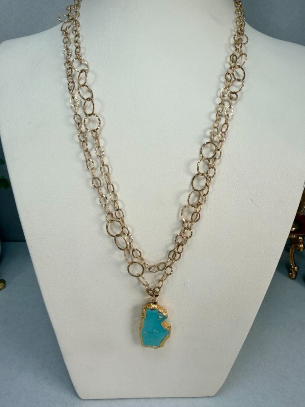 14K Gold Filled Turquoise Slice Pendant Long Necklace Boho Statement - Picture 1 of 8